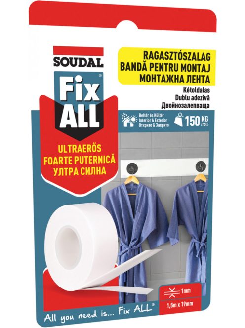 SOUDAL ragasztószalag Fix ALL kétoldalas 19mmx1,5m fehér