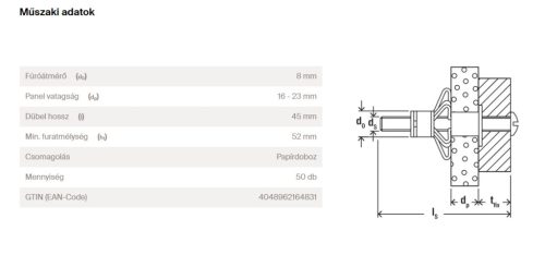 FISCHER gipszkarton fémdübel csavarral HM 4x45S 50db/doboz